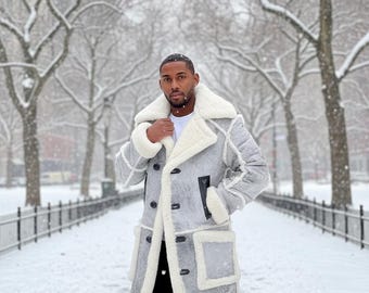 Men's Vintage Shearling Coat, Handmade Warm Sheepskin Leather Jacket, Christmas Gift for Him
