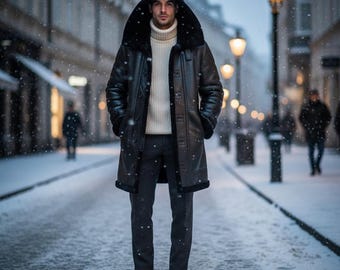 Real Mens Black Shearling Leather Coat, Long Coat Style