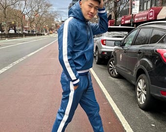 Real Mens Lambskin PU Leather  Royal Blue & White Track Suit Sweat Men Jogging Tracksuit