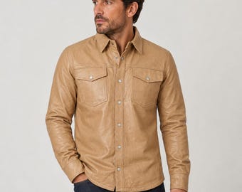 Men's Creamy Brown Genuine Lambskin Leather Trucker Shirt – Handmade Biker Style