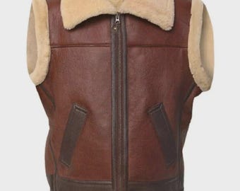 Men's Brown Sheep Leather Vest | Winter Bomber Style Waistcoat | Genuine Leather Outerwear Gift
