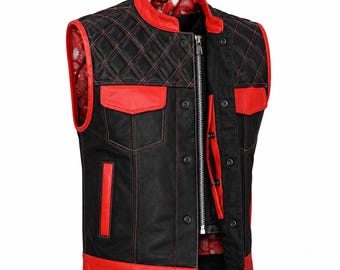 Echt zwart leren motorvest voor heren, doorgestikt met diamantpatroon, casual outfit