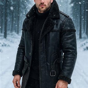 Men's Vintage Sheepskin Shearling Long Coat | Retro Leisure Bomber Style Real Leather Overcoat | Genuine Winter Warm Jacket