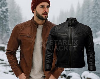 Men’s Handmade Sheepskin Leather Café Racer Biker Jacket