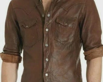 Men's Leather Shirt Real Lambskin Lederhemd Jacket Biker Slim Fit Cuir Brown