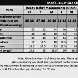 May include: A black and white size chart for men's jackets, with measurements in inches. The chart includes chest, waist, hips/bottom, shoulders, sleeves, and front length measurements for sizes XS to 4XL. Instructions are included.