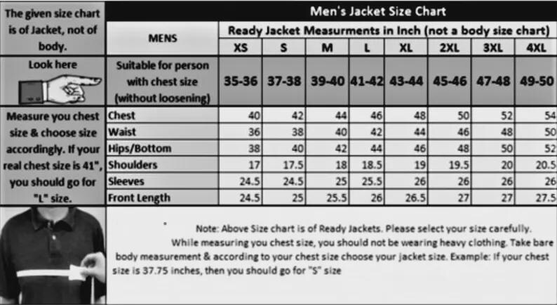 May include: A black and white size chart for men's jackets, with measurements in inches. The chart includes chest, waist, hips/bottom, shoulders, sleeves, and front length measurements for sizes XS to 4XL. Instructions are included.