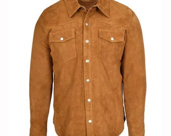 Men's Full Sleeve Suede Leather Shirt In Brown For Outerwear
