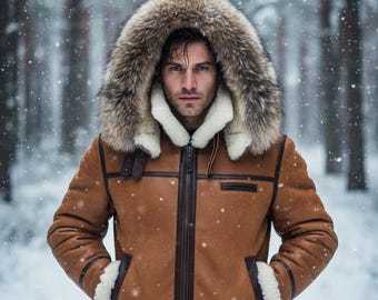 Men's Genuine Sheepskin Bomber Jacket with Hood Brown Shearling Winter Coat Real Leather Coat