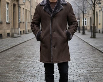 Men's Vintage Suede Shearling Long Coat | Suede Real Leather Overcoat | Genuine Winter Warm Jacket