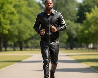 Men's Cowhide Leather Tracksuit | Hip Hop Streetwear Set