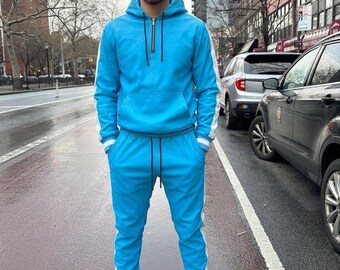 Genuine Men Lambskin PU Leather Track Suit Sweat Men Jogging Tracksuit Blue & White