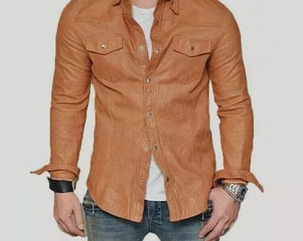 Mens Tan Brown Lambskin Leather Shirt , Gift for him
