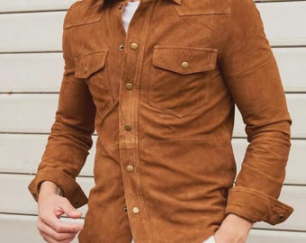 Genuine Mens Brown Suede Leather Shirt Outfit For Outerwear