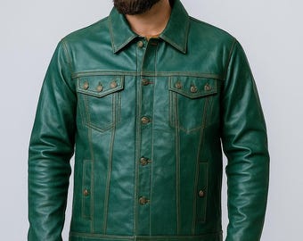 Men’s Real Lambskin Leather Jacket | Vintage Green Trucker Style | Handmade Outerwear Gift for Him