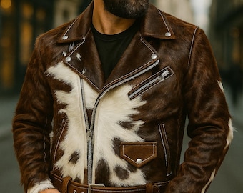 May include: A brown and white cowhide leather jacket with a classic biker style. The jacket features a notched collar, asymmetrical zipper, and a belt at the waist. The jacket has a brown leather pocket and a white and brown pattern.