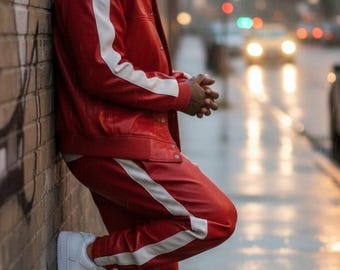 Mens Luxury Cowhide Leather Jogging Suit | Red & White Stripe Tracksuit