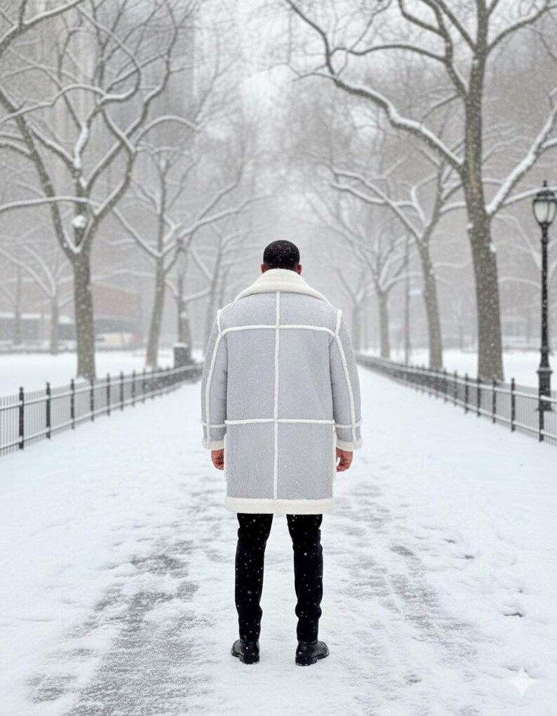 May include: A light gray winter coat with white trim and a white shearling collar. The coat is worn over black pants and black shoes. The person is standing on a snow-covered path in a park with bare trees and a wrought iron fence.