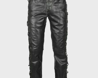Men Black Leather Pant , Jim Morrison Laces Style