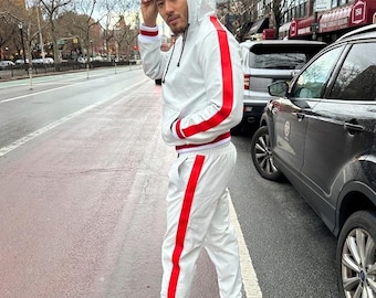 Mens Lambskin PU Leather White & Red Track Suit Sweat Men Jogging Tracksuit