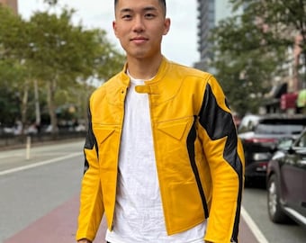 Genuine Mens Yellow Cowhide Motorcycle Leather Jacket , Riding Jacket , Outerwear Style