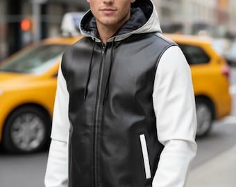 Real Mens Lambskin Multi Colors Leather Hoodie , Black & White Leather Hoodie
