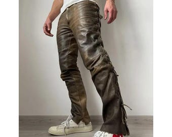 Mens Brown Distressed Leather Lace Up Pant , Jim Morrison Laces Style