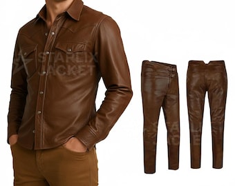 Camisa y pantalones de piel de cordero para hombre / Conjunto de motociclista hecho a mano