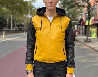 Mens Leather Hoodie , Multi Color Yellow And Black Hoodie