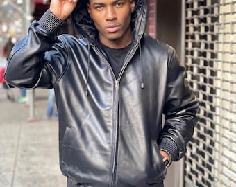 Men Black Lambskin Leather Hoodie , Outer wear hoodie , Gift For Him