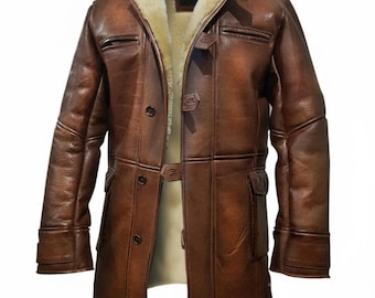 Men's Shearling Leather Coat - Bane Dark Knight Inspired Distressed Brown Winter Jacket