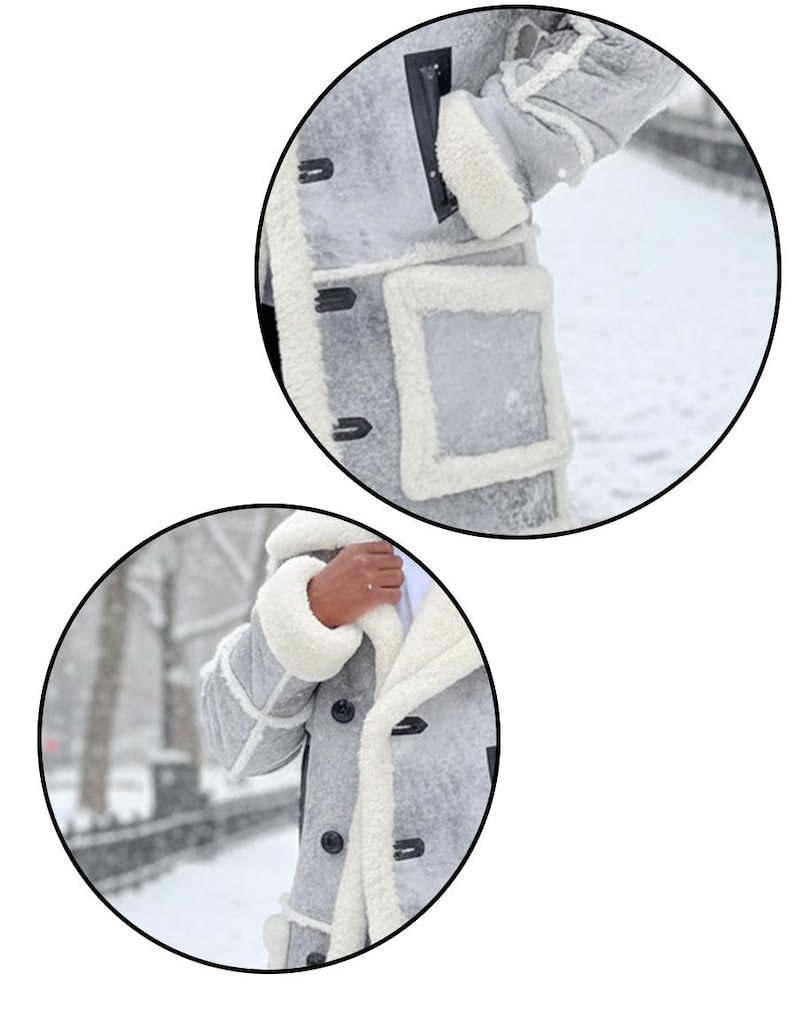 May include: A gray coat with white faux fur trim and lining. The coat features a button-up front, a hood, and pockets. The sleeves have white fur cuffs. The coat is shown in a snowy outdoor setting.