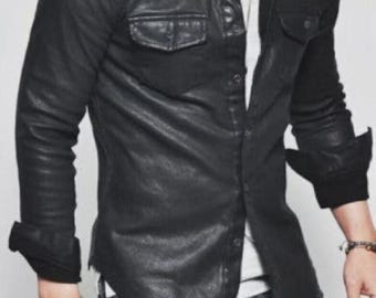 Genuine Lambskin Leather Trucker Shirt – Black Biker Style Handmade Apparel