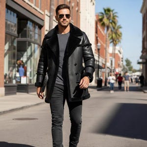 Abrigo largo de piel de oveja vintage para hombre / Abrigo de cuero auténtico estilo bomber retro / Chaqueta de invierno cálida y auténtica