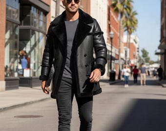 Men's Vintage Sheepskin Shearling Long Coat | Retro Leisure Bomber Style Real Leather Overcoat | Genuine Winter Warm Jacket