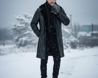 Men's Handmade Black Shearling Leather Coat | Vintage RAF Aviator Jacket