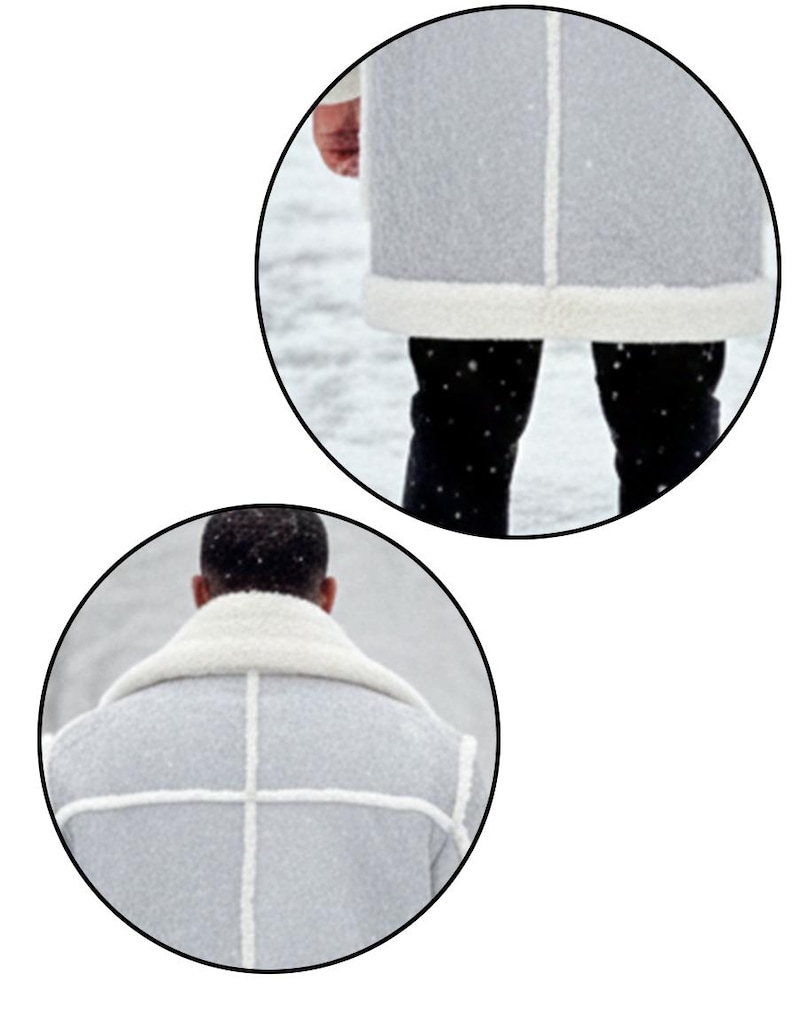 May include: A light gray coat with white trim and accents. The coat features a white, fluffy collar and lining. The coat is worn over black pants. The image is taken outdoors in a snowy environment.