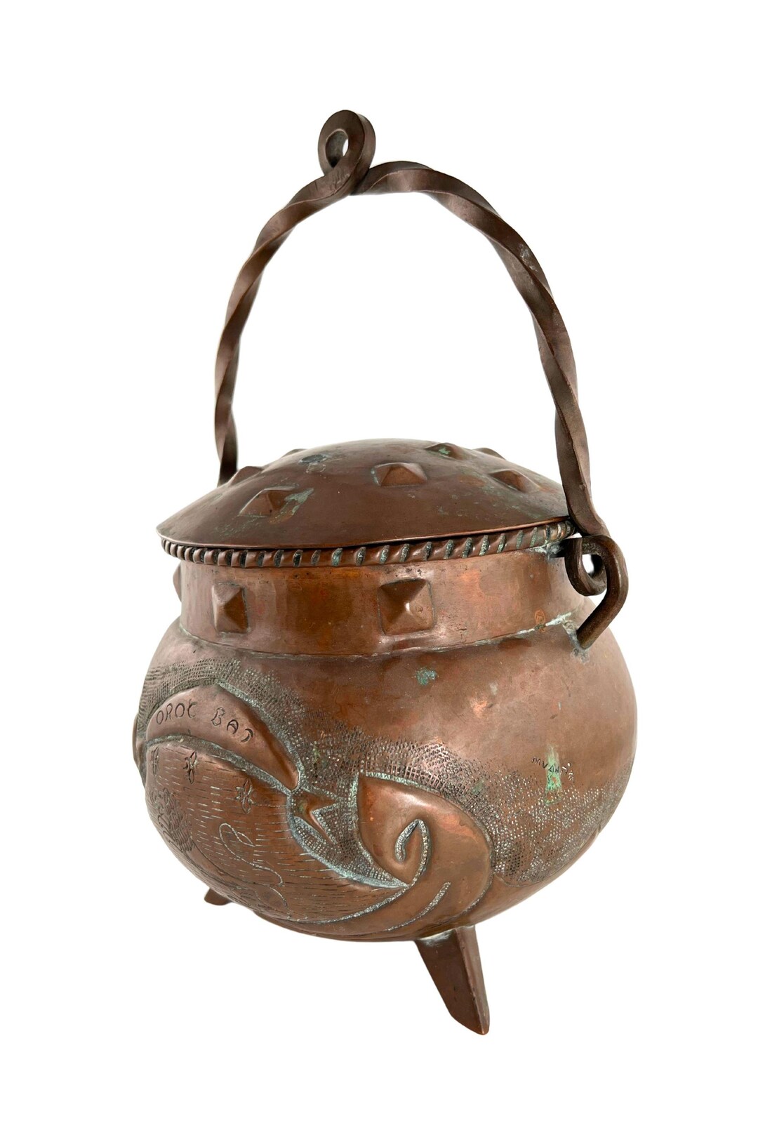 Vintage Copper Cauldron: Hand-engraved 