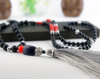 108 Bead Onyx and Lava Mala Necklace – Matte and Polished Black Onyx with Red Coral & Gray Silk Tassel | Handmade Spiritual Jewelry