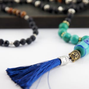 108 Bead Mala Necklace – Lava Stone, Tiger’s Eye Turquoise with Blue Silk Tassel | Grounding & Healing Mala | Handmade Spiritual Necklace