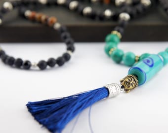 108 Bead Mala Necklace – Lava Stone, Tiger’s Eye Turquoise with Blue Silk Tassel | Grounding & Healing Mala | Handmade Spiritual Necklace