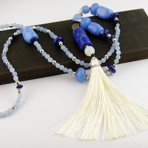 108 Aquamarine Mala Necklace – Light Blue Beads with Porcelain & White Silk Tassel | Ocean-Inspired Summer Mala | Handmade for Meditation