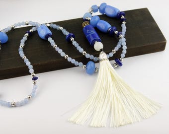 108 Aquamarine Mala Necklace – Light Blue Beads with Porcelain & White Silk Tassel | Ocean-Inspired Summer Mala | Handmade for Meditation