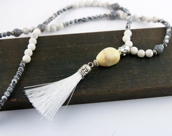 108 Bead Mala Necklace – Stone, Grey Agate & Buddha Bead with White Silk Tassel | Calming Spiritual Necklace | Handmade Meditation Jewelry