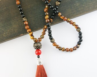 108 Bead Mala Necklace – Tiger’s Eye with Red Silk Tassel | Grounding Meditation Necklace | Handmade Men’s or Women’s Spiritual Jewelry