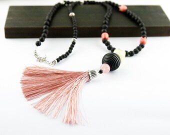 108 Bead Lava Stone Mala – Black Volcanic Lava & Coral Beads with Peach Silk Tassel | Grounding Spiritual Necklace | Meditation Beads