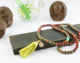108 Bead Mala Necklace – Tiger’s Eye, Rose Wood with Green Silk Tassel | Handmade Yoga & Boho Jewelry | Meditation Spiritual Necklace