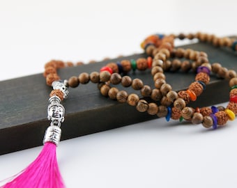 108 Bead Mala Necklace – Onyx Rudraksha Beads with Magenta Silk Tassel | Handmade Boho Jewelry | Spiritual Fashion Mala for Women & Men