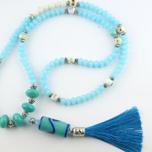 108 Bead Mala Necklace – Aqua Blue Crystal Porcelain Beads with Ocean-Inspired Silk Tassel | Summer Boho Mala | Handmade Meditation Jewelry