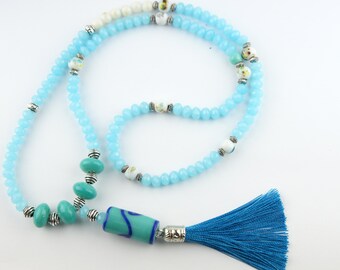 108 Bead Mala Necklace – Aqua Blue Crystal Porcelain Beads with Ocean-Inspired Silk Tassel | Summer Boho Mala | Handmade Meditation Jewelry